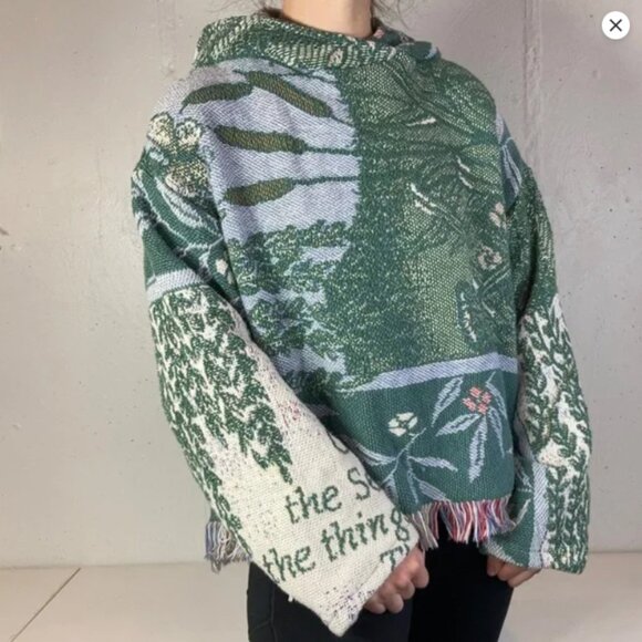 Vintage Rework Green Fringe Cropped Tapestry Blanket Hoodie - Picture 1 of 9